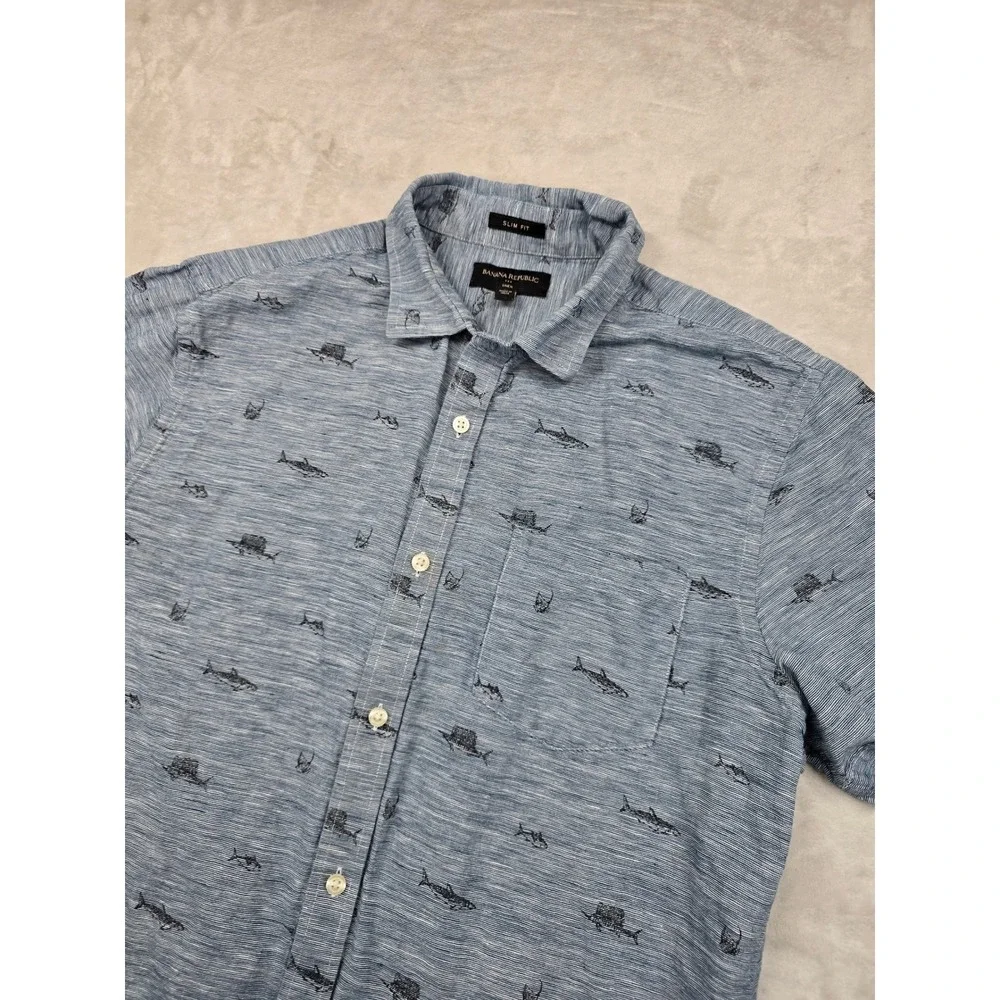 Banana Republic Slim Fit Linen Shirt Mens Large Blue Shark Marlin Short Sleeve